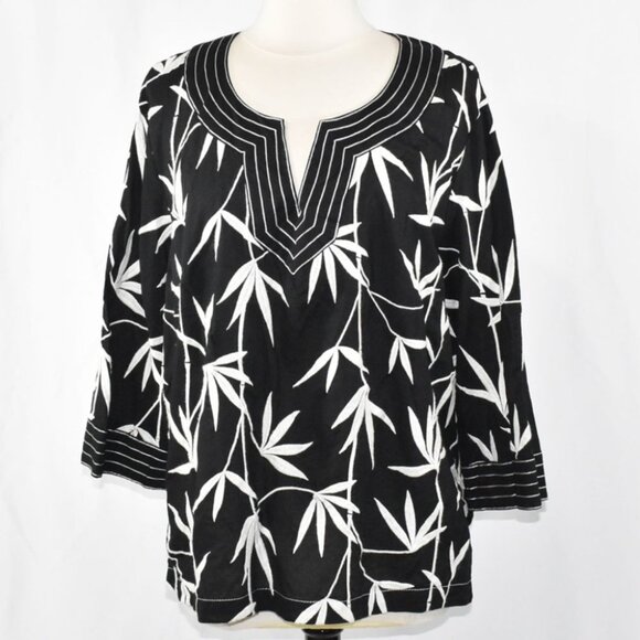 Women's TALBOTS Embroidered Black and White Palm Tunic Blouse- Size 10P - Picture 1 of 9
